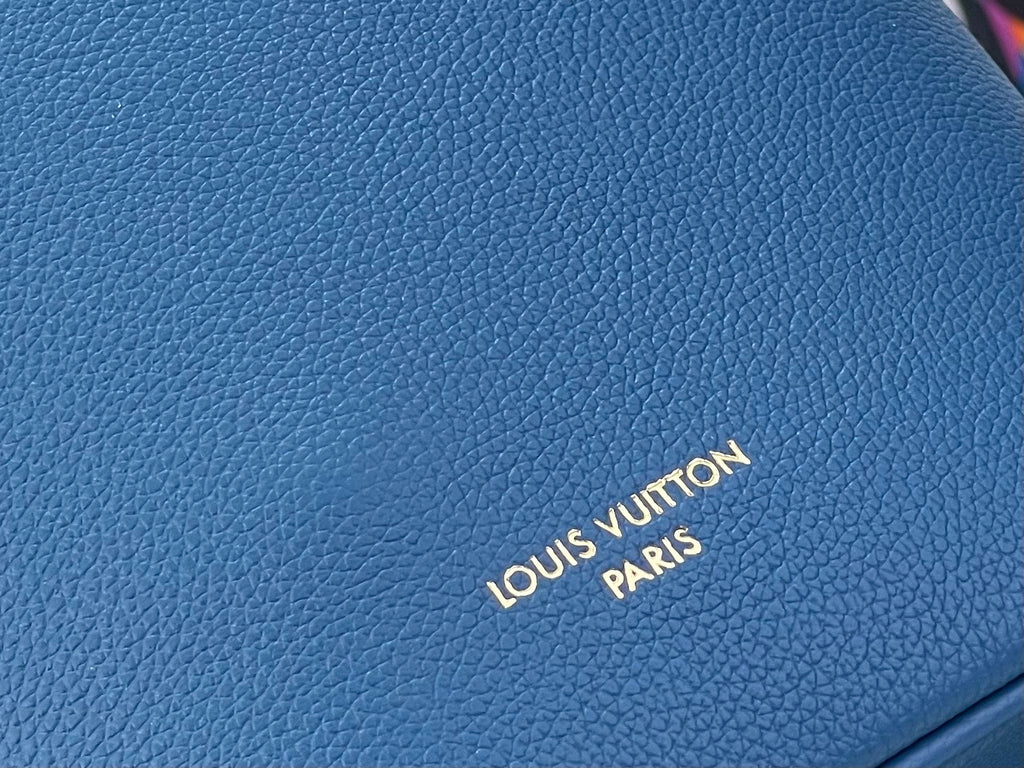 Blue pebbled leather bag panel with Louis Vuitton Paris logo