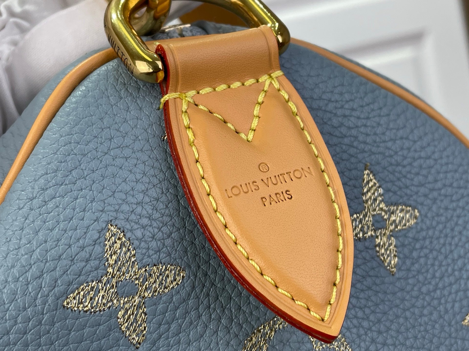 Louis Vuitton tan luggage tag charm reading “LOUIS VUITON PARIS” on light blue monogram bag