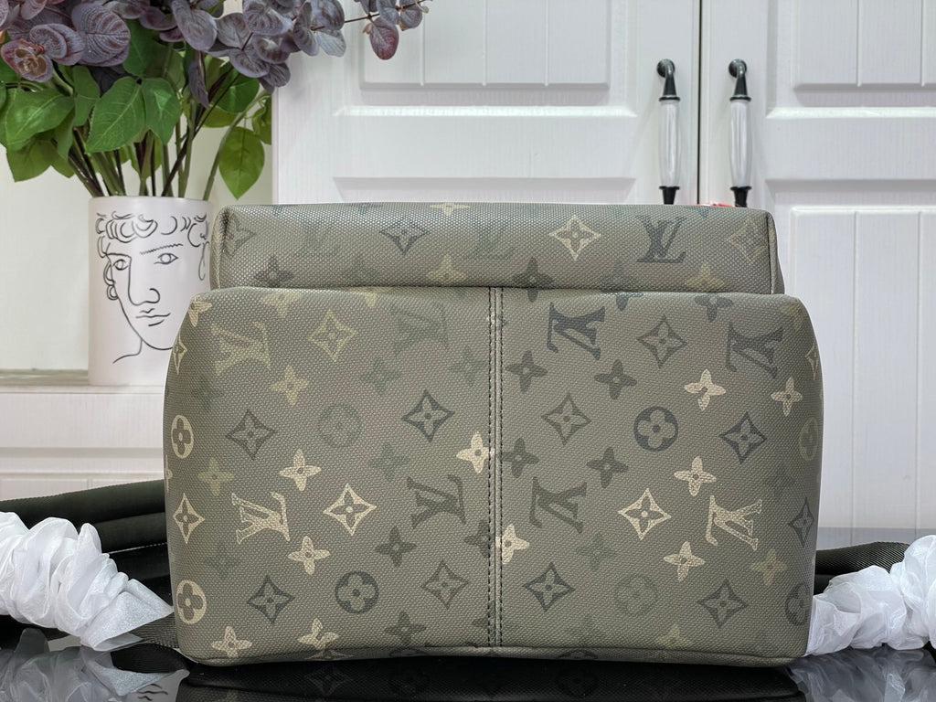 Louis Vuitton monogram backpack with wide front zip panel, gray-green