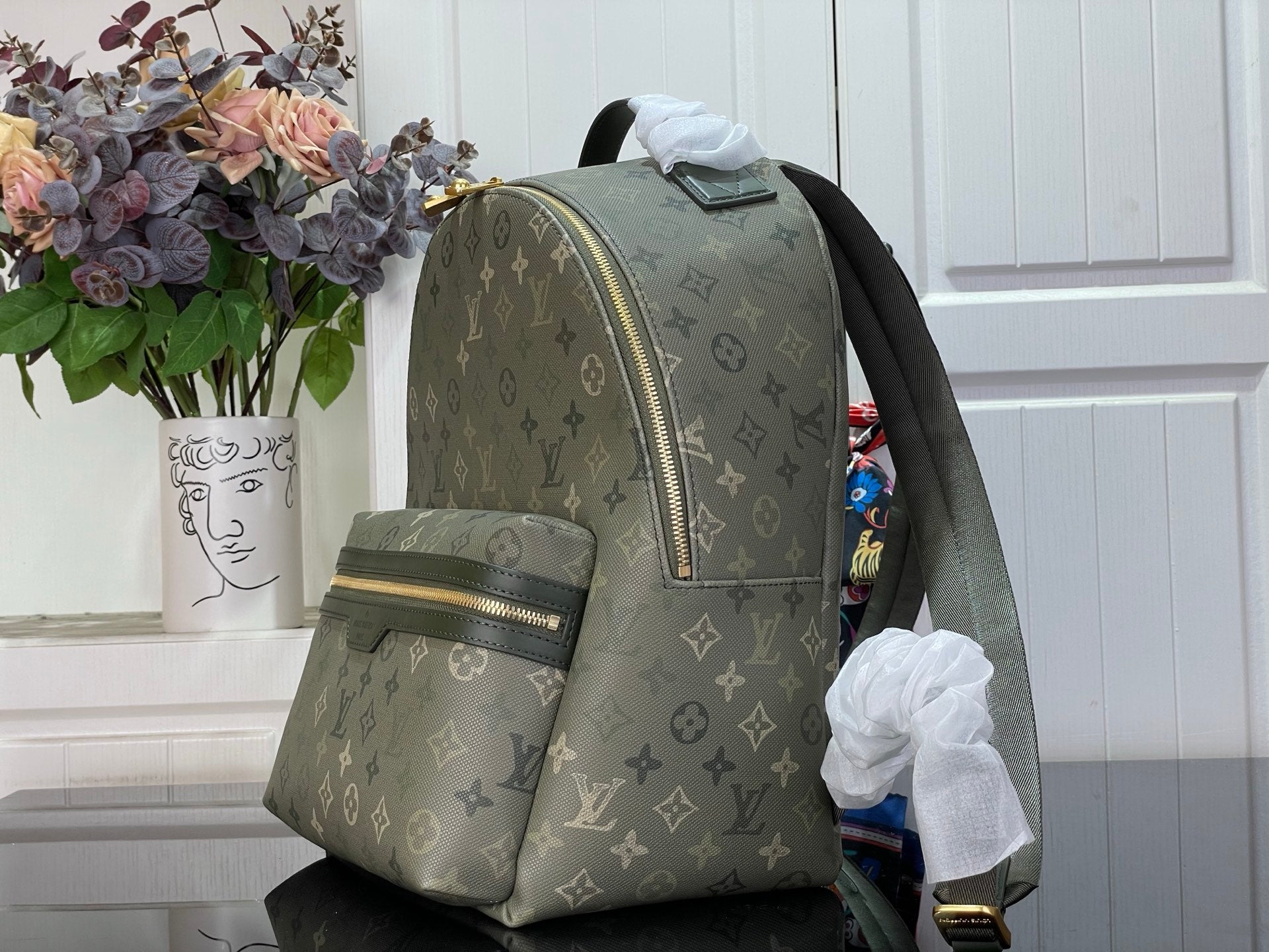 Louis Vuitton monogram backpack with attached pouch and front zip pocket, gray-green