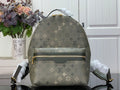 Louis Vuitton monogram backpack with top handle and front zip, gray-green canvas