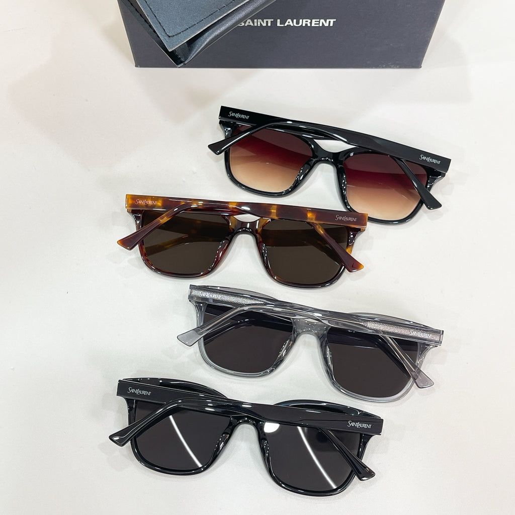 YSL sunglasses set of three pairs with dark lenses in black, tortoiseshell, and clear frames