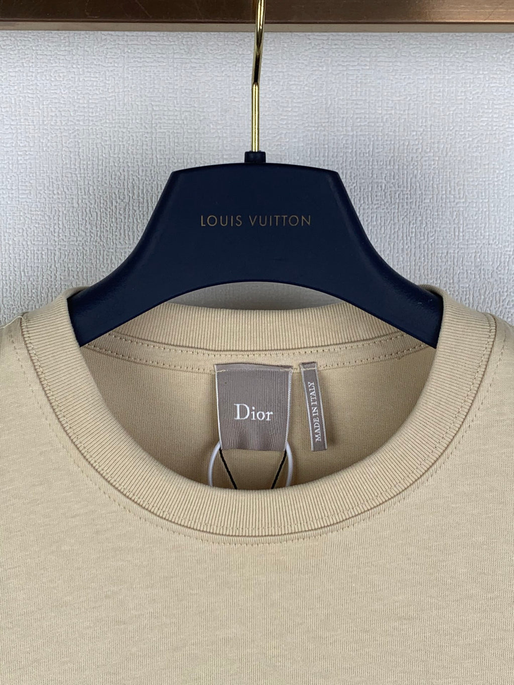 Beige crew-neck T-shirt collar with Dior tag inside