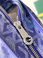 Purple patterned bag interior zipper with silver metal pull and ring hardware