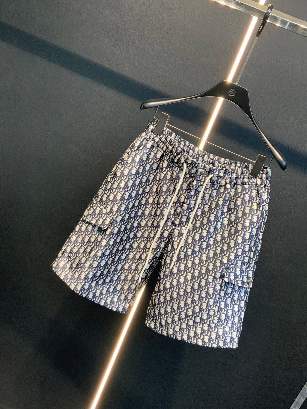 Dior monogram print shorts with elastic waistband, front view, blue and cream