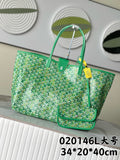 Goyard patterned tote bag with green leather handles and top clasp, mint green canvas