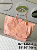 Pink patterned tote bag with top handles and front clasp pocket