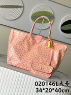 Pink patterned tote bag with top handles and front clasp pocket