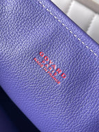 Blue leather panel with embroidered Goyard Paris logo and dashed stitching