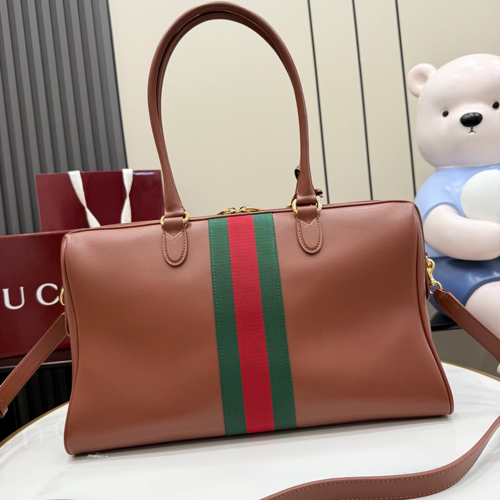 Brown leather Gucci tote bag with green-and-red web stripe and two top handles