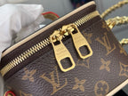 Monogram bag close-up: gold zipper and LV hardware plates on brown canvas