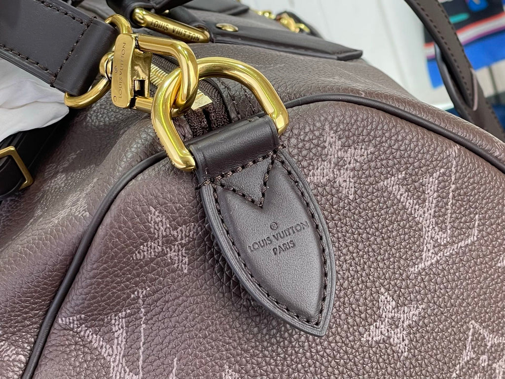 Louis Vuitton monogram bag handle hardware with gold links and leather trim