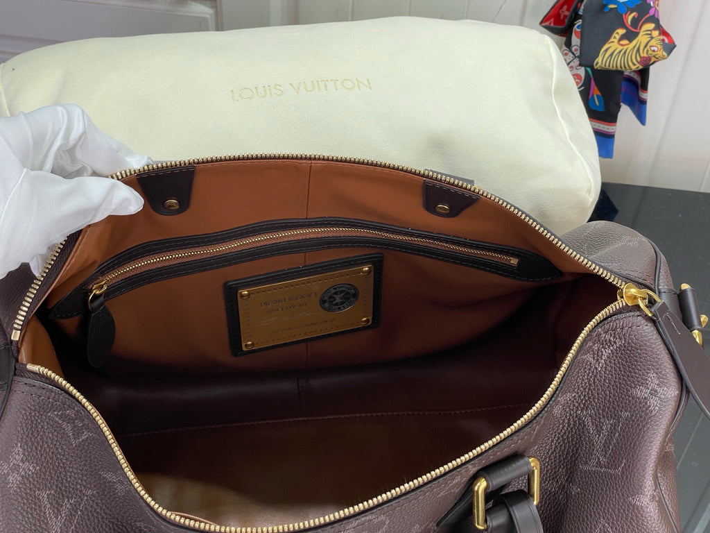 Louis Vuitton bag interior pocket with gold-tone logo patch and tan lining