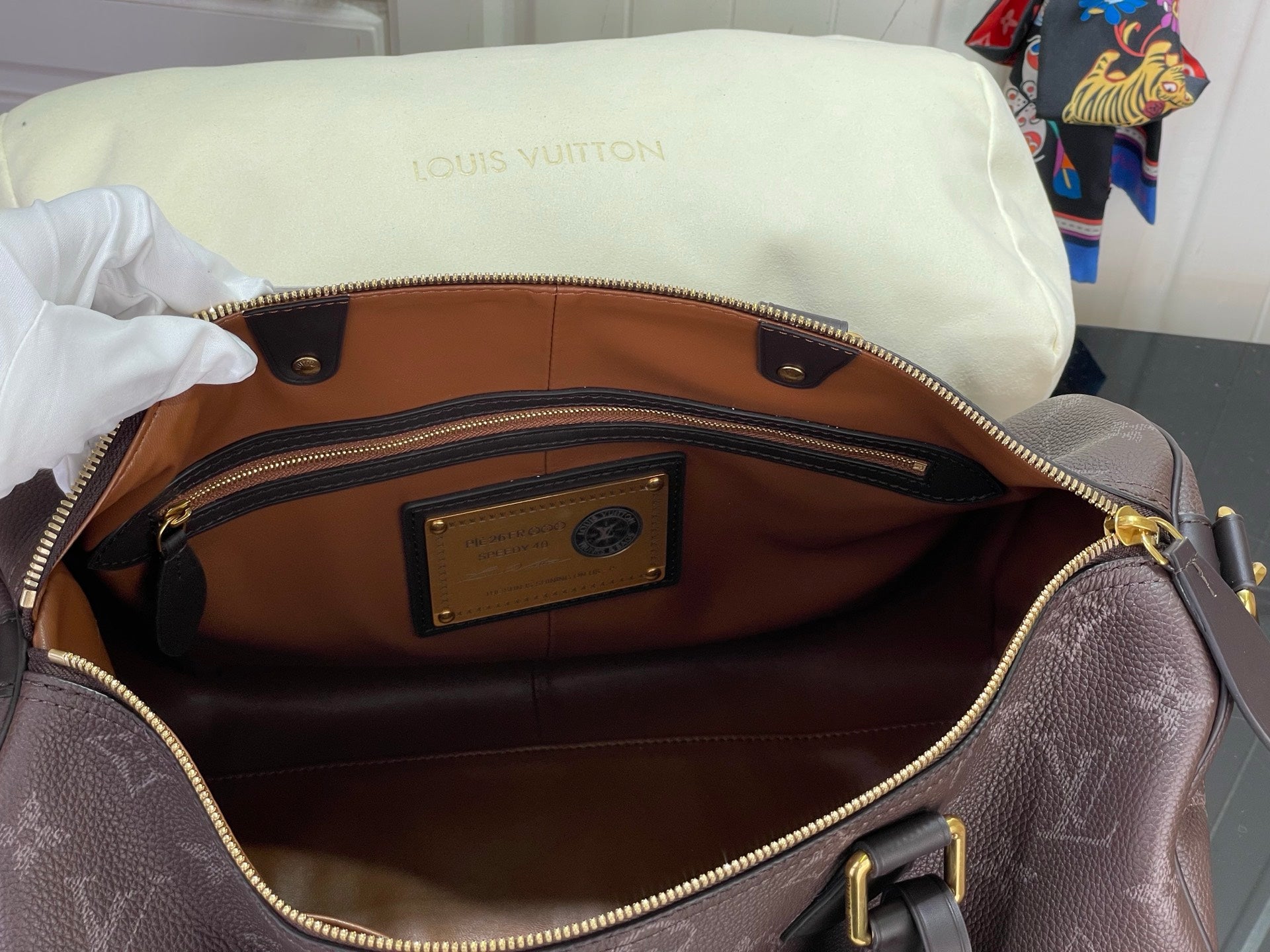 Louis Vuitton bag interior pocket with gold-tone logo patch and tan lining