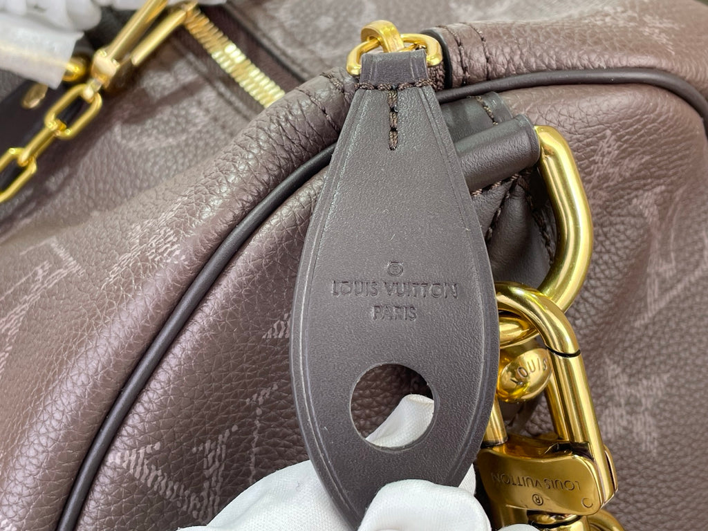 Louis Vuitton bag handle close-up in dark leather with gold chain and LV embossed logo