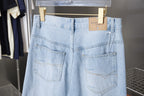 Light blue denim pants with front patch pockets and belt loops