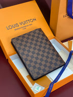 Louis Vuitton checkered wallet, brown canvas with logo stripe, gift box
