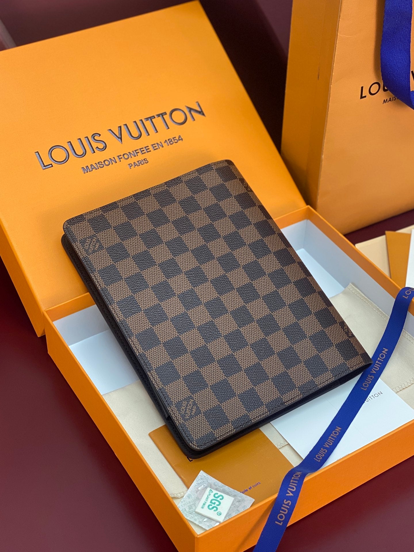 Louis Vuitton checkered wallet, brown canvas with logo stripe, gift box