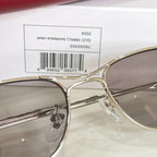 Close-up of gold-tone aviator eyeglass frame with gray tinted lenses