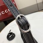 Gucci bag strap, black leather with oval silver buckle and stitched edge