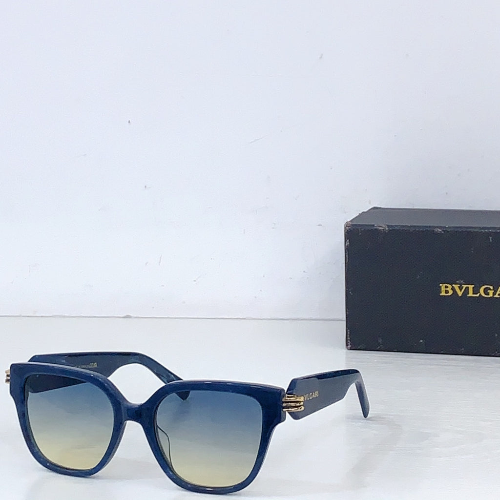 Bvlgari square sunglasses with blue frame and light tan tinted lenses