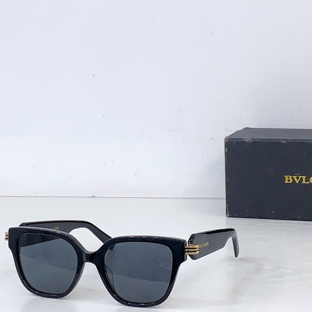 Bvlgari square sunglasses with black frame and gray-blue tinted lenses