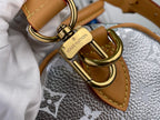 Monogram canvas bag with gold keyring hardware and tan leather strap close-up