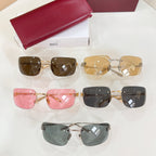 Display of multiple sunglasses: brown, pink, amber, and black pairs