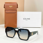 Celine glasses with square black frames and tinted lenses, gold logo on temple