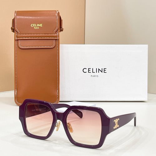 Celine glasses with square dark-purple frames and tinted lenses, gold logo on temple