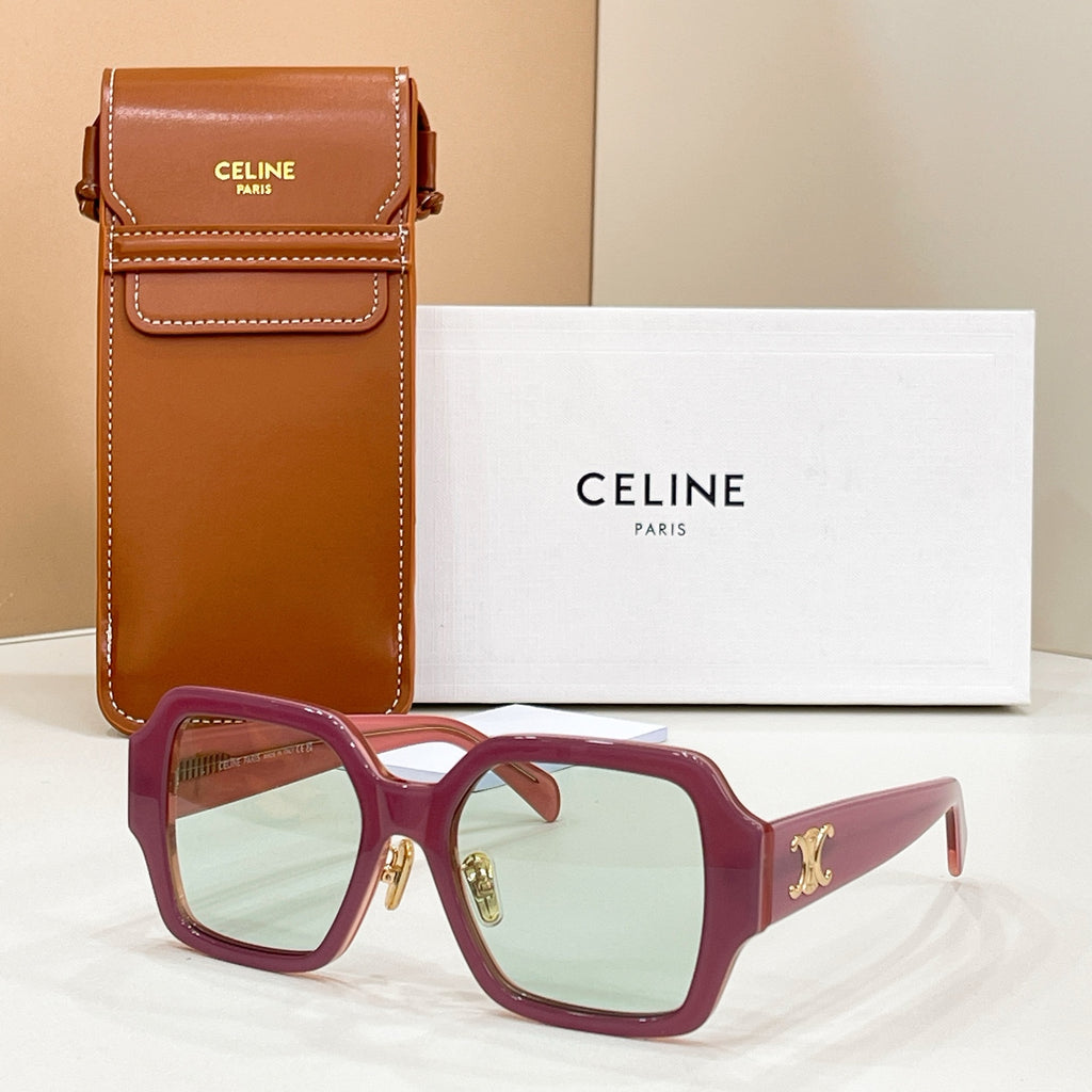 Celine glasses with square purple frames and tinted lenses, gold logo on temple
