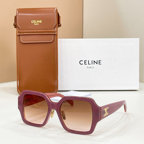 Celine glasses with square purple frames and tinted lenses, with gold logo detail