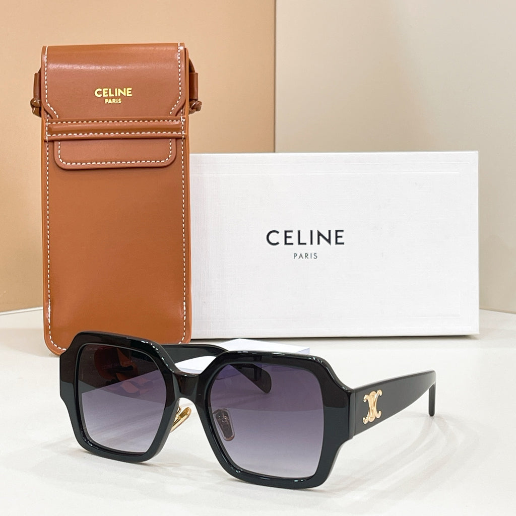 Celine glasses with square black frames and gradient tinted lenses, gold emblem on arm