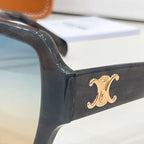 Celine glasses close-up: dark frame corner with gold logo on temple