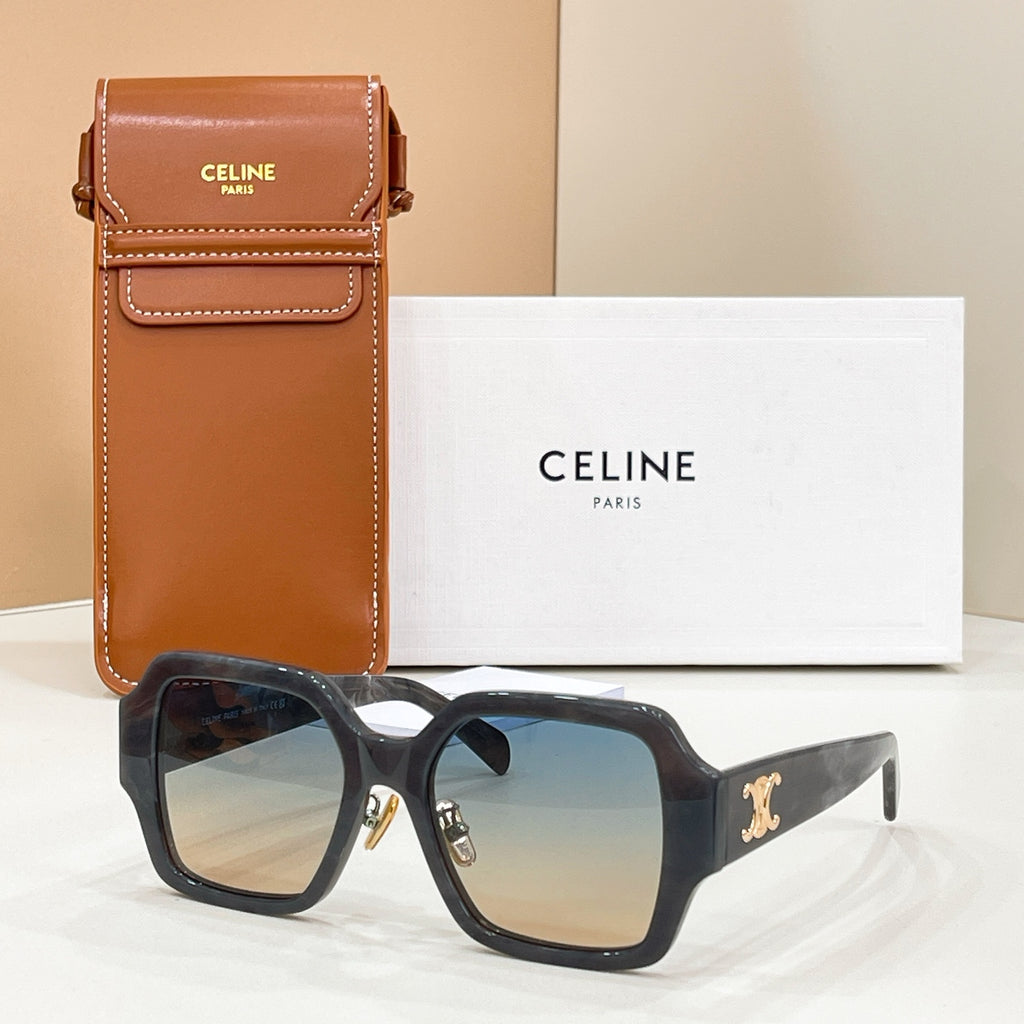 Celine glasses with square black frames and tinted lenses, gold logo on side