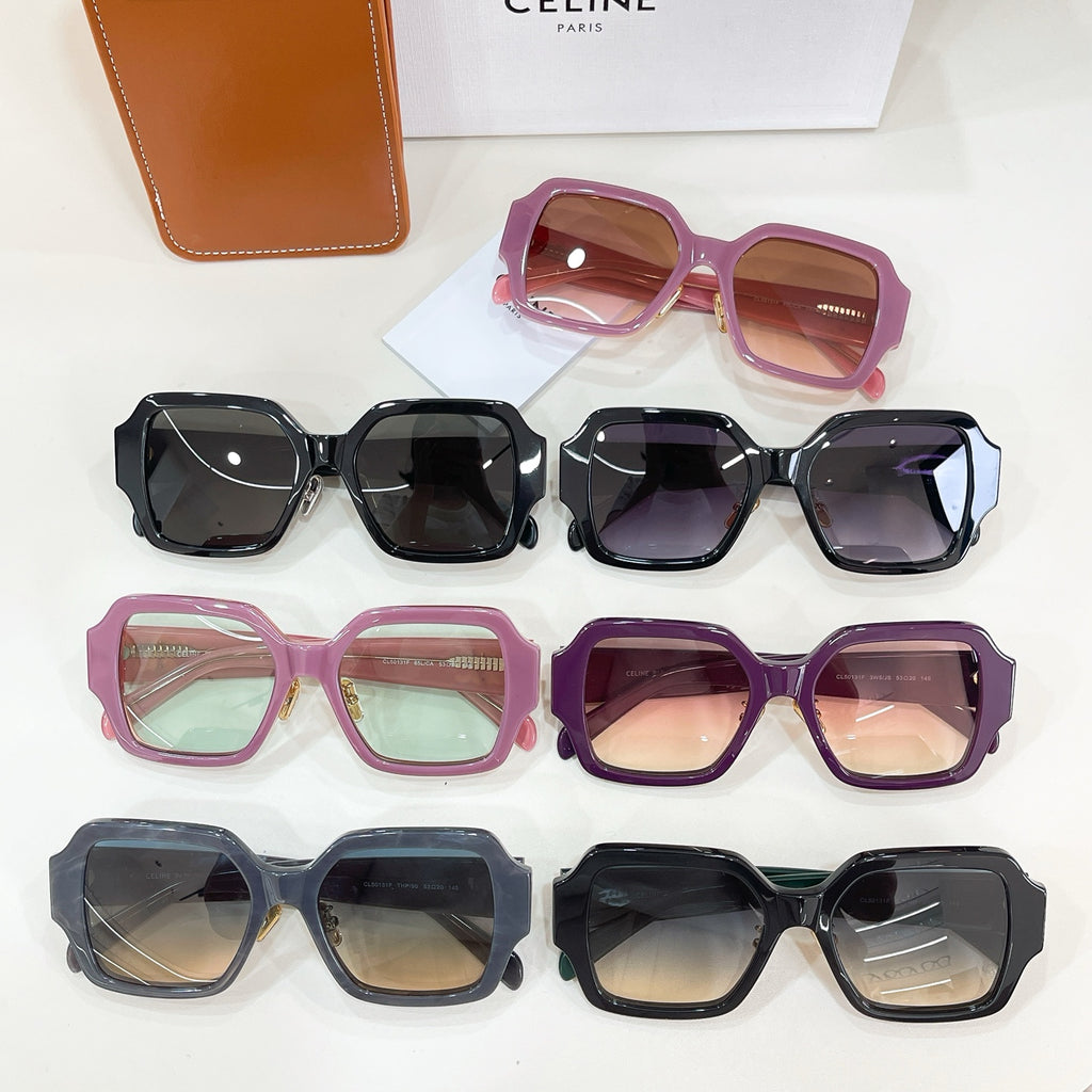 Celine glasses set with square frames in purple, black, and dark blue, tinted lenses
