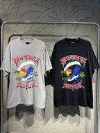 Graphic short-sleeve T-shirts, one light gray and one black, with colorful artwork front