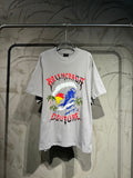 Light gray short-sleeve T-shirt with colorful logo graphic and palm trees