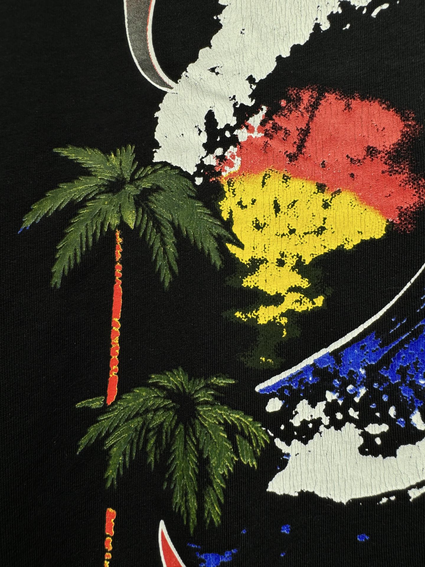 Black graphic T-shirt close-up with palm trees and colorful globe detail