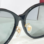 Black sunglasses close-up with gold-tone emblem at temple