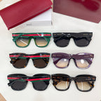 Set of Gucci sunglasses and eyeglasses with black, green, purple, and brown frames.