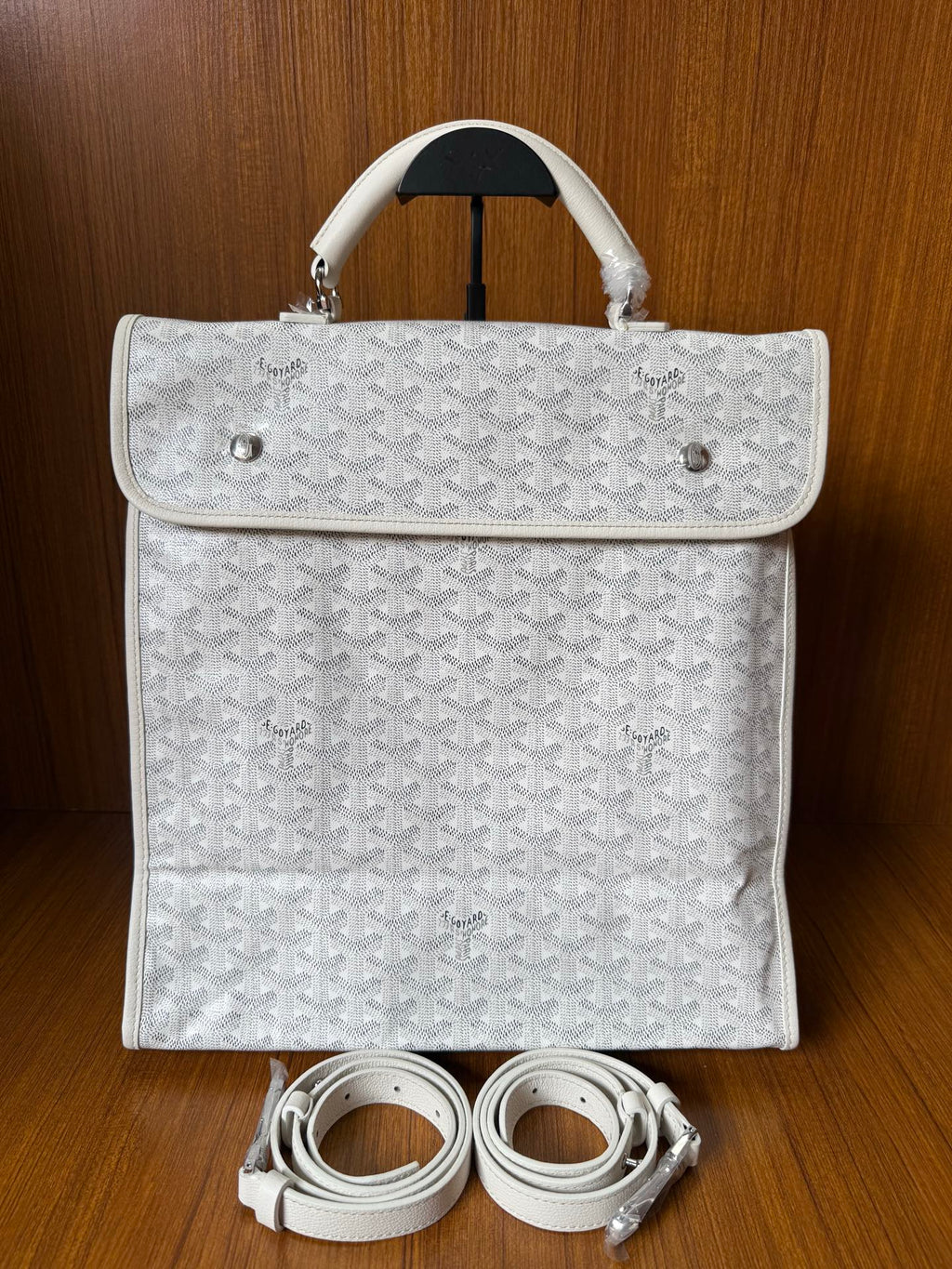 Designer monogram tote bag in light gray with flap and included belt strap