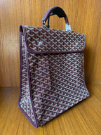 Goyard monogram tote bag with structured side profile and top handle, dark leather trim