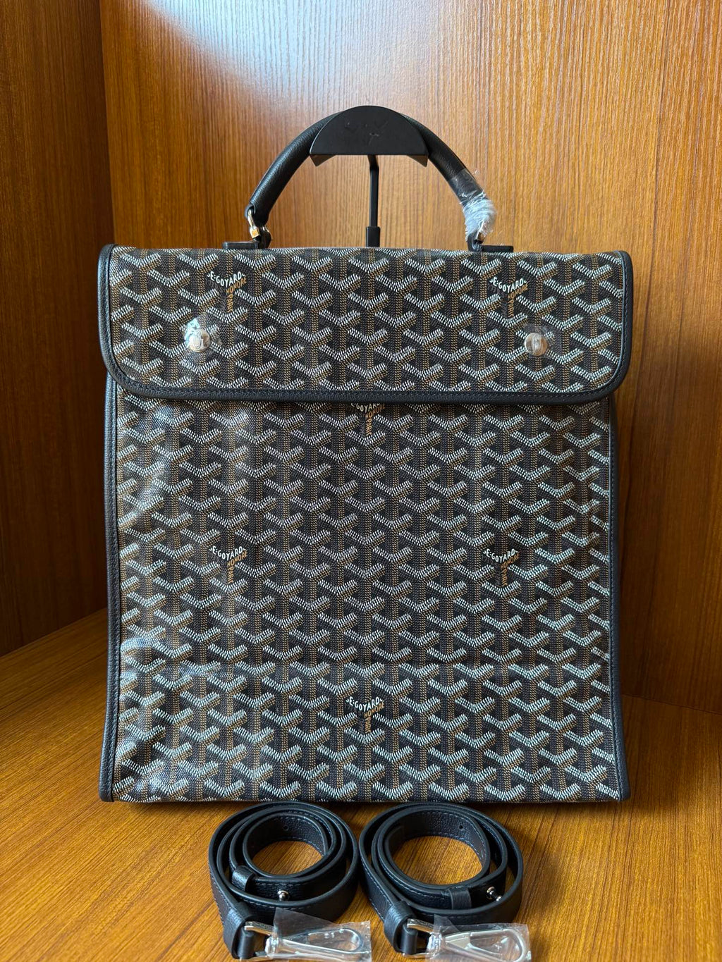 Goyardine patterned bag with top handle and matching strap, dark blue-gray.