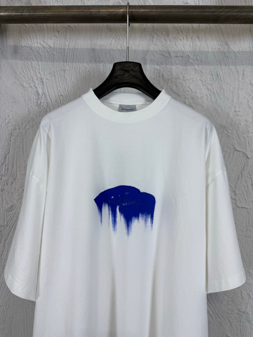 Balenciaga white T-shirt with blue dripping graphic print on chest