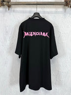 Black short-sleeve T-shirt with large pink Balenciaga logo on the back