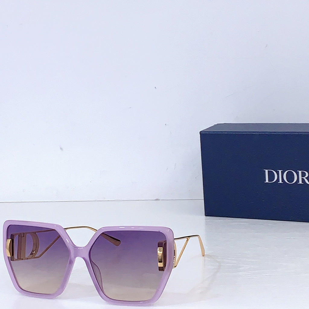Dior square sunglasses with lavender frames and purple tinted lenses