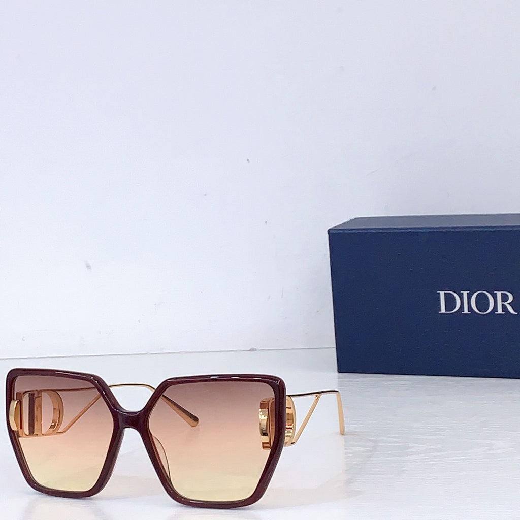 Dior square sunglasses with dark maroon frames and brown gradient lenses