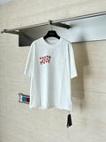 White short-sleeve T-shirt with chest pocket and red and blue logo print