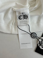 White short-sleeve crewneck T-shirt with brand tag and round logo button